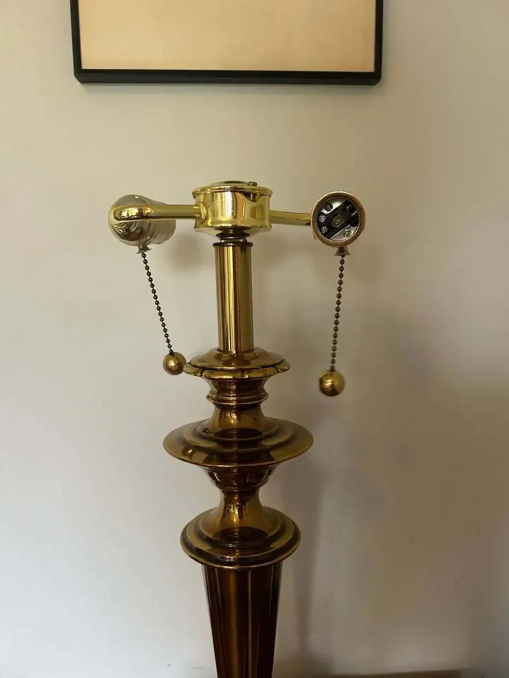 Vintage Stiffel Style Solid Brass Two-Bulb Table Lamp with Pull Chains